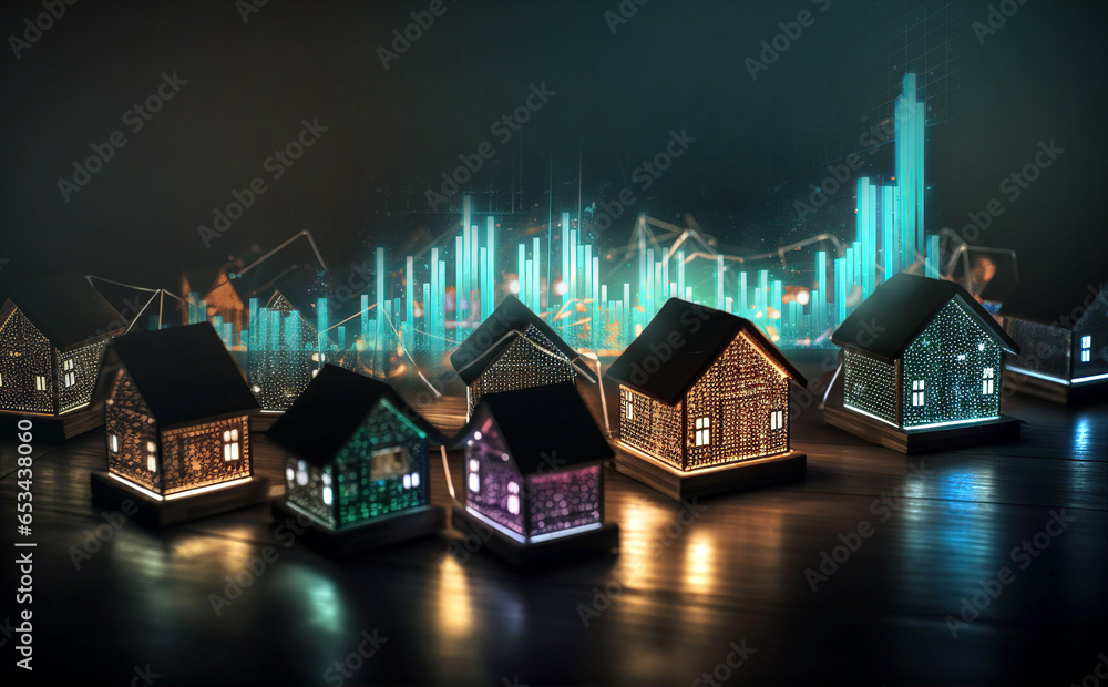Cardboard houses with beautiful neon lights at black background, representing new properties on market, new homes, property developing business  - obrazy, fototapety, plakaty 