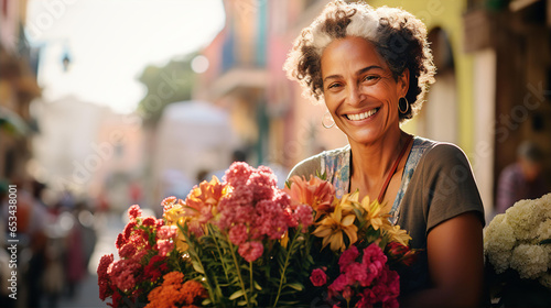 Middle age Cuban woman selling flowers at town square.  © IRStone