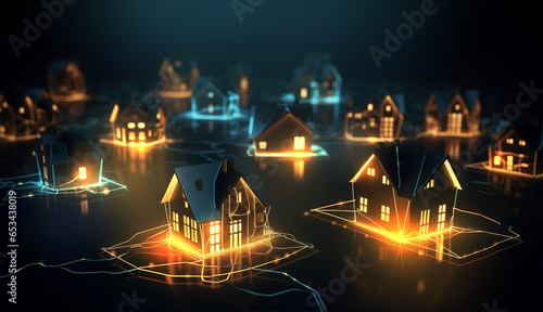 Cardboard houses with beautiful neon lights at black background, representing new properties on market, new homes, property developing business 