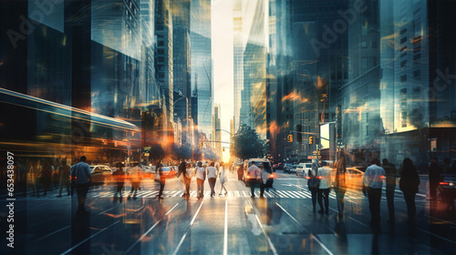 Motion blur of people crossing city road, cars and public transport stopped at traffic light. Beautiful lights reflection in Skyscrapers glass photo