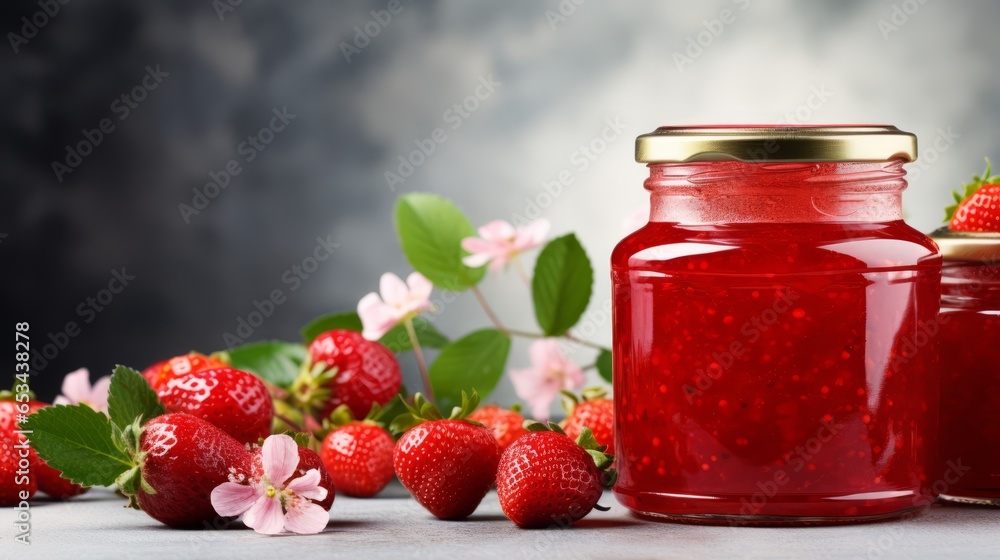 Fresh Strawberry jam in a glass jar with apples. Strawberry Marmalade. Horizontal banner poster. AI generated.
