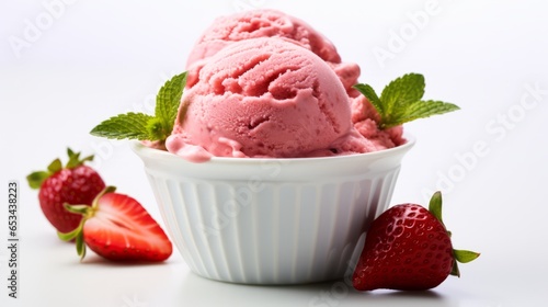 Strawberry ice cream. Delicious sweet ice cream with Strawberry in white plate. Food photography. Horizontal format, for bar menu AI generated.
