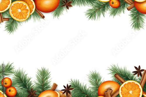 Christmas and New year banner with fir tree branches  tangerines  cinnamon on white background. Copy space in the center.