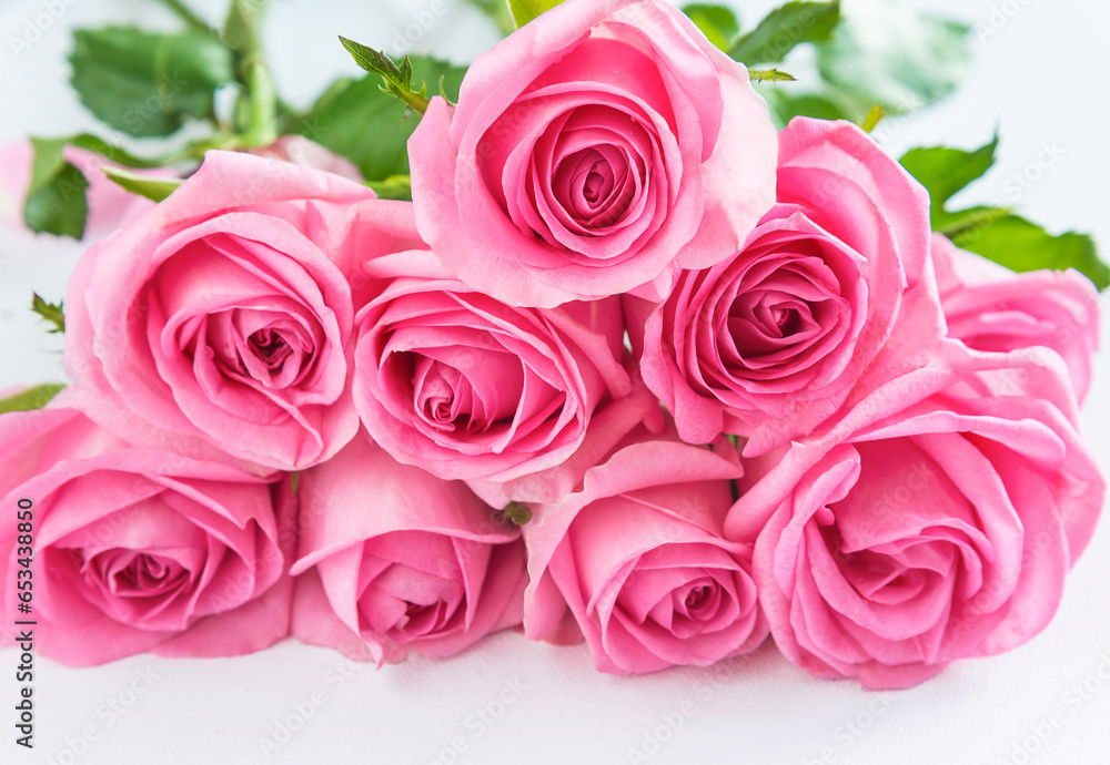 Wedding or birthday greeting card; Bunch of pink rose flowers on the white background; close up, selective focus Wedding or birthday greeting card; Bunch of pink rose flowers on the white background; close up, selective focus