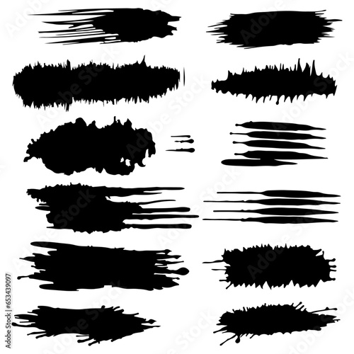 Set of Black Paint Spots and Hand Drawn Vector Ink Brush Strokes. Dirty Paint Smears Forming Artistic Backgrounds. Grunge Texture Scribbles Design Element Isolated