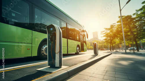 Stockphoto, copy space, modern public transport bus charging on an electric charging point, renewable energy theme. Clean green energy, zero waste.