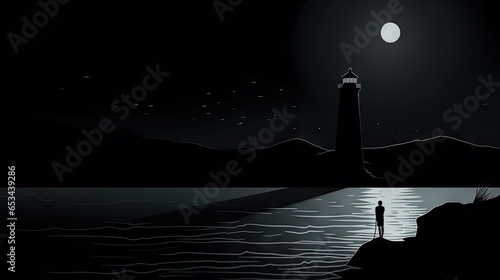  a man standing on a cliff looking at a lighthouse at night.  generative ai