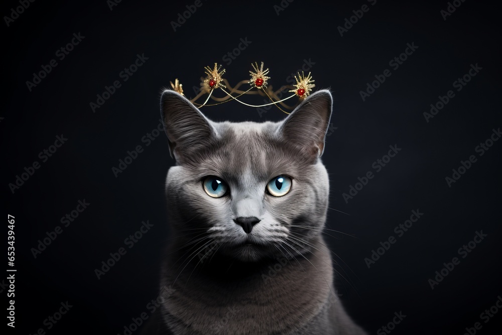 Fototapeta premium chartreux cat wearing a reindeer antlers headband against a dark grey background