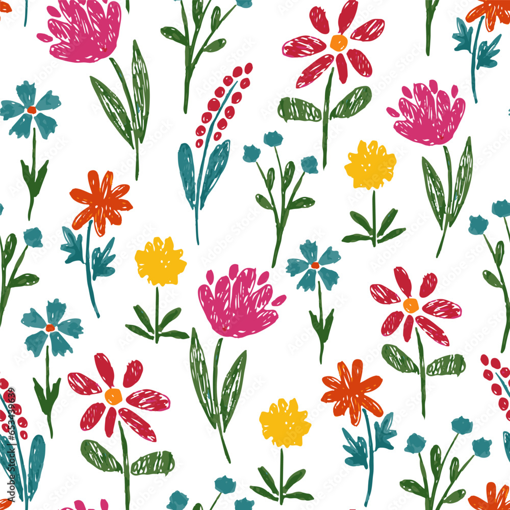 Seamless pattern Field meadow garden different bright flowers grass. Drawing in the style of a children's doodle. doodles are drawn by child's hand with colored pencils. Childish primitive Seamless pattern Field meadow garden different bright flowers grass. Drawing in the style of a children's doodle. doodles are drawn by child's hand with colored pencils. Childish primitive