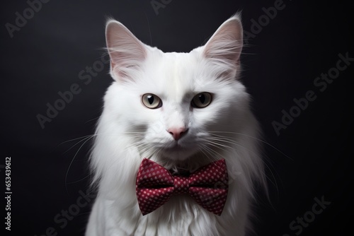 turkish angora cat wearing a nifty bow tie against a dark grey background photo