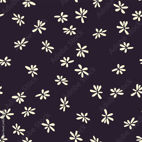 Minimalist fashionable floral print. Seamless pattern of white small simple chamomile daisy flowers on a dark background. Vector illustration for design fabric, textile, paper