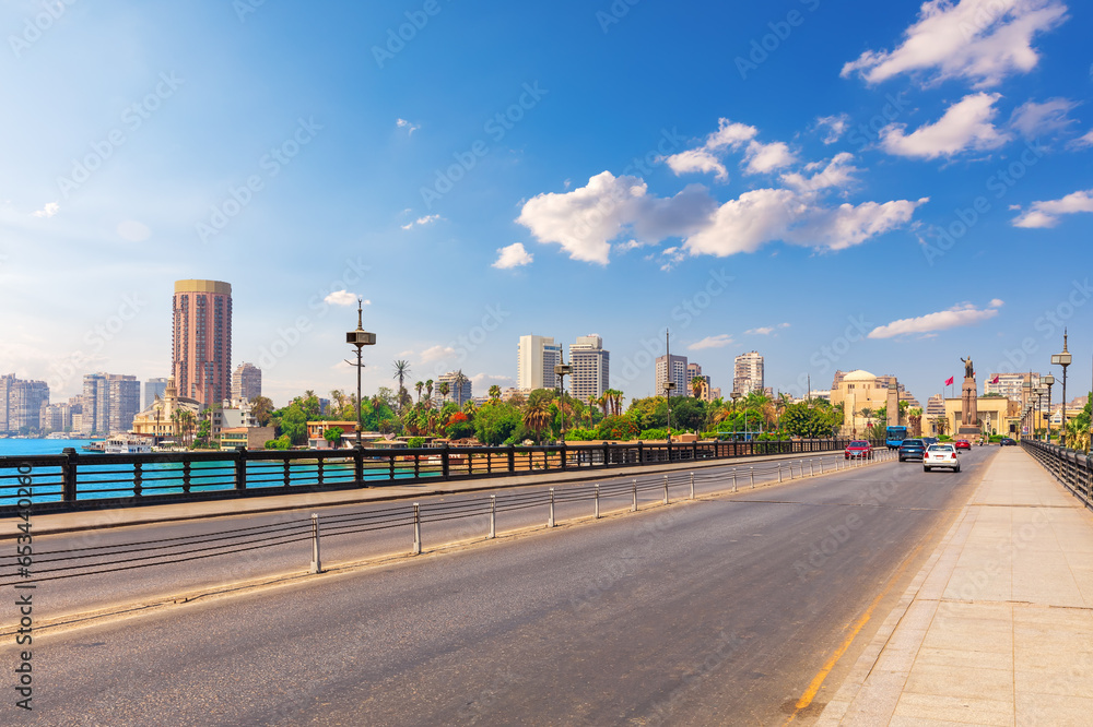 Modern bridge over the Nile in the popular central district of Cairo, Egypt