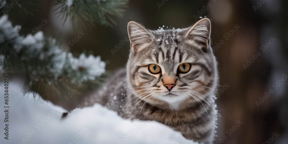 Gray Cat in snow. Cute British kitten striped and Fir Tree branches. Christmas Winter-Themed Pet. Background for Christmas, New Year, XMas, Cat Day greeting card
