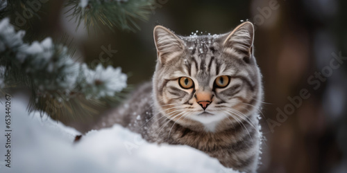 Gray Cat in snow. Cute British kitten striped and Fir Tree branches. Christmas Winter-Themed Pet. Background for Christmas, New Year, XMas, Cat Day greeting card © maxa0109