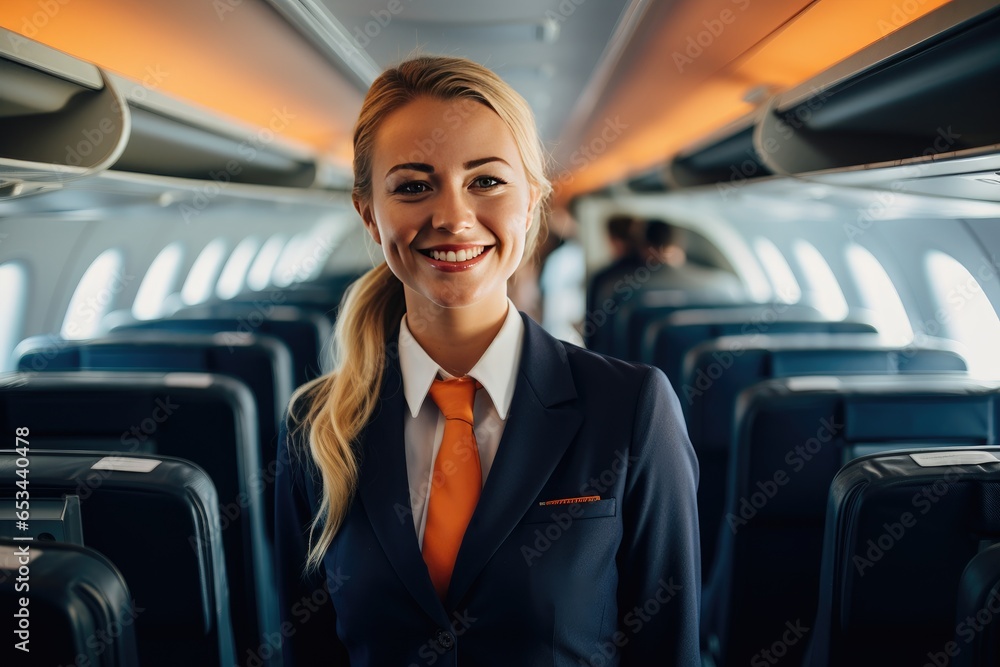 Female airplane stewardess with blurred seats in aisle background. Generative AI Female airplane stewardess with blurred seats in aisle background. Generative AI