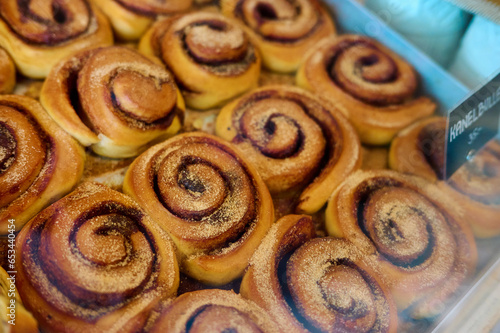 The famous Swedish cinnamon rolls (Kanelbulle) in a bakery in Stockholm.  photo