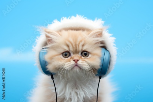 persian cat wearing a rabbit ears headband against a sky-blue background