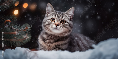 Gray Cat in snow. Cute British kitten striped and Christmas Tree branches. Christmas Winter-Themed Pet. Background for Christmas, New Year, XMas, Cat Day greeting card photo