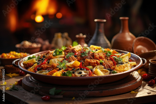 A Moroccan tagine simmering with fragrant spices and tender meat, reflecting North African culinary traditions. Generative Ai.