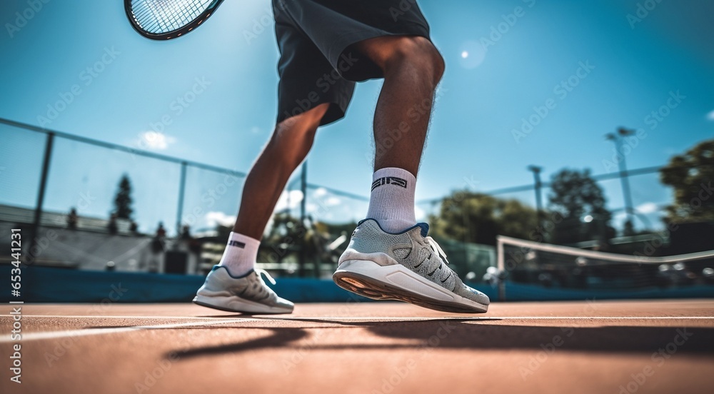 close-up of tennis player in action, tennis player with racket, tennis player in proffesionnal stadium, tennis player playing tennis with racket - obrazy, fototapety, plakaty 