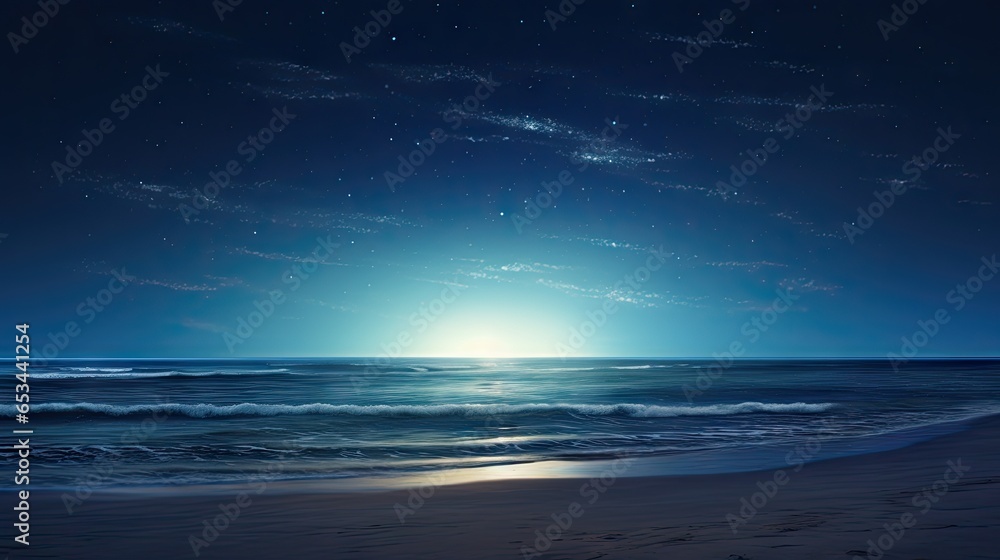  a full moon shines over the ocean on a beach.  generative ai