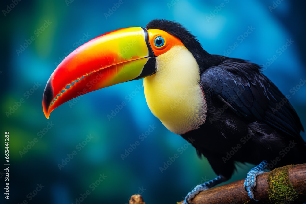 Fototapeta premium Closeup of an exotic colorful tucan in the rainforest
