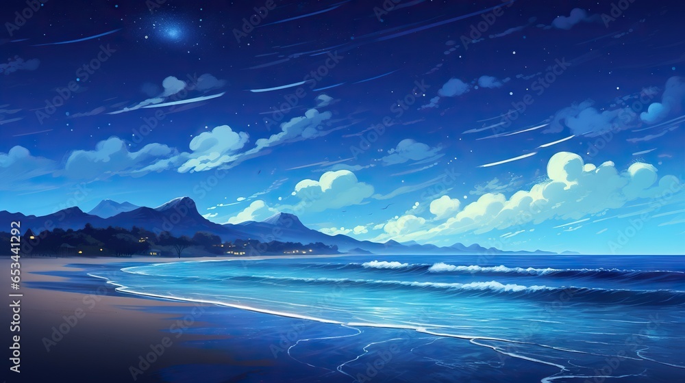  a painting of a beach at night with a full moon.  generative ai