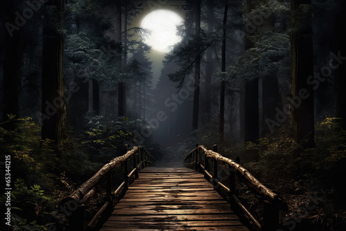 Fondo con Noche de luna llena en un bosque tenebroso atravesado por un puente de madera  photo