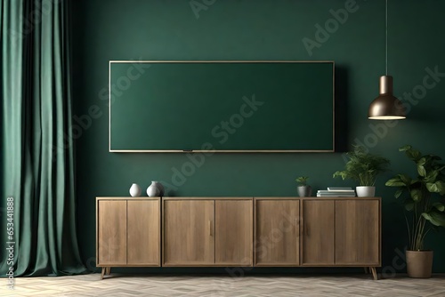 Living room with cabinet for tv on dark green color wall background.