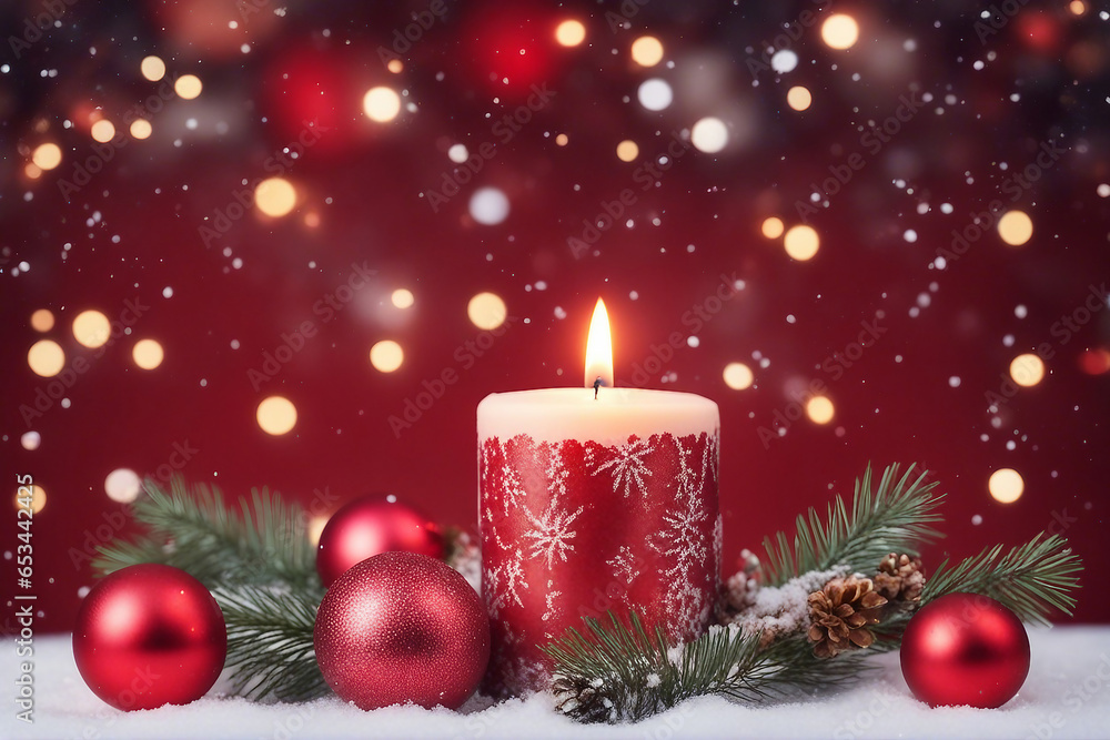 christmas candle, christmas balls, candy canes and pine branches with snowfall christmas candle, christmas balls, candy canes and pine branches with snowfall