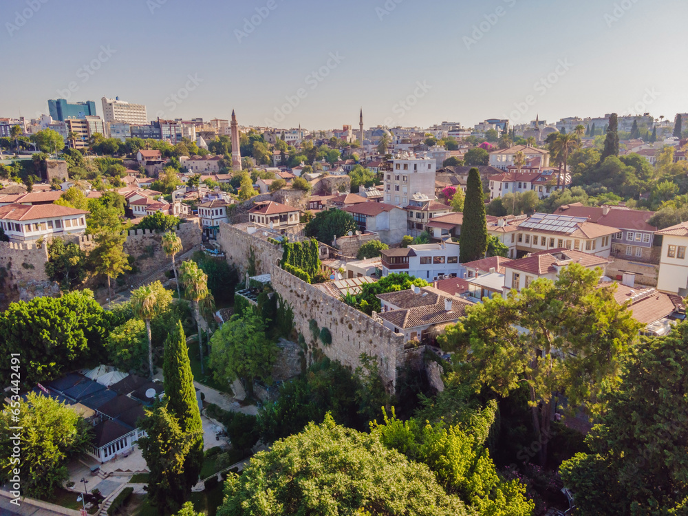 Fototapeta premium View of old Antalya from a drone or bird's eye view. This is the area of the old city and the old harbor