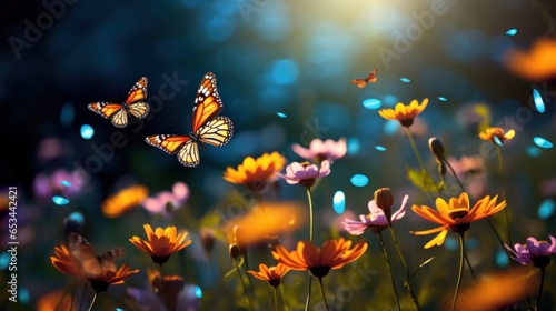 Colorful Cosmos Flowers and Butterfly in Sunlight © DVS
