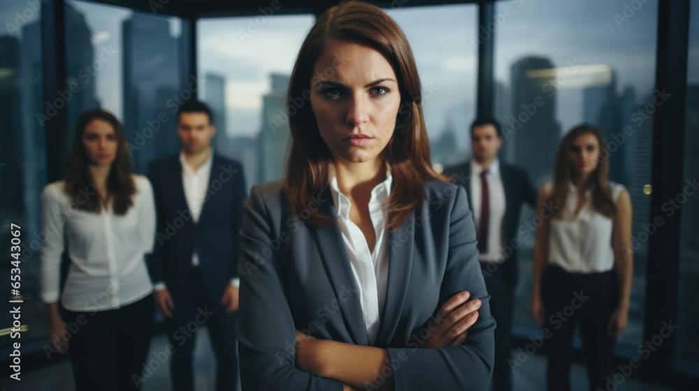 Serious Businesswoman and Team in Modern Office Serious Businesswoman and Team in Modern Office