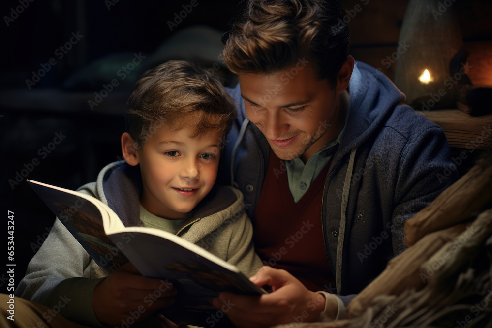 An older sibling reading a bedtime story to their younger brother, nurturing relationships. Generative Ai. An older sibling reading a bedtime story to their younger brother, nurturing relationships. Generative Ai.
