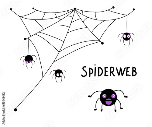 Cartoon black and violet spiders and spider web for Halloween decoration.  Isolated on white background. Vector illustration.  Hand drawn word Spiderweb.