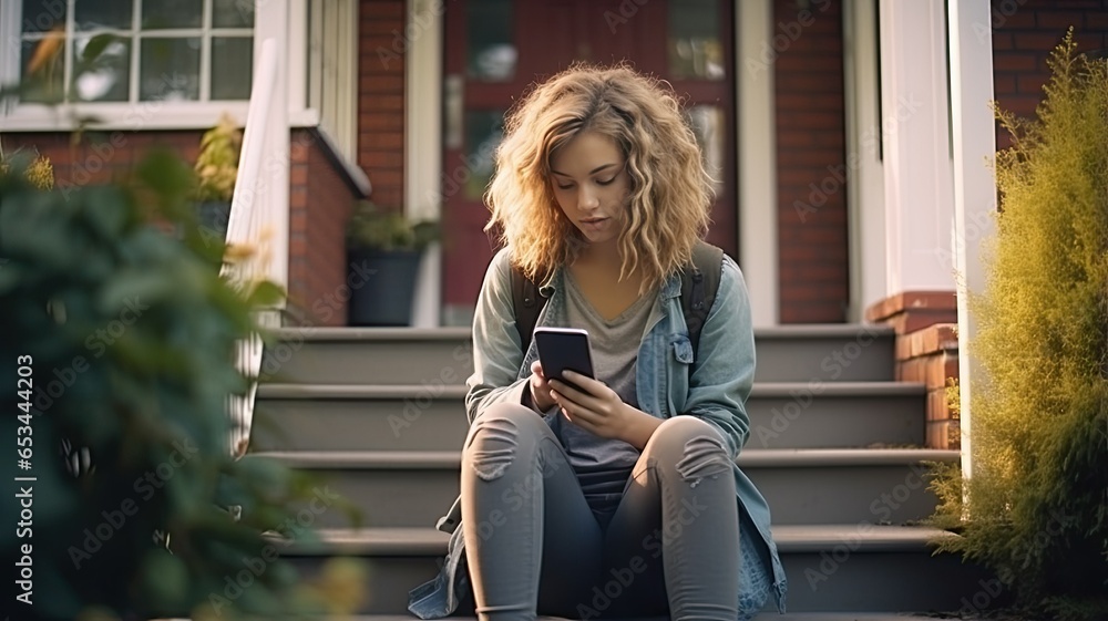 Fototapeta premium A teenage girl with a thoughtful expression sitting on the steps of a contemporary home, engrossed in her smartphone.