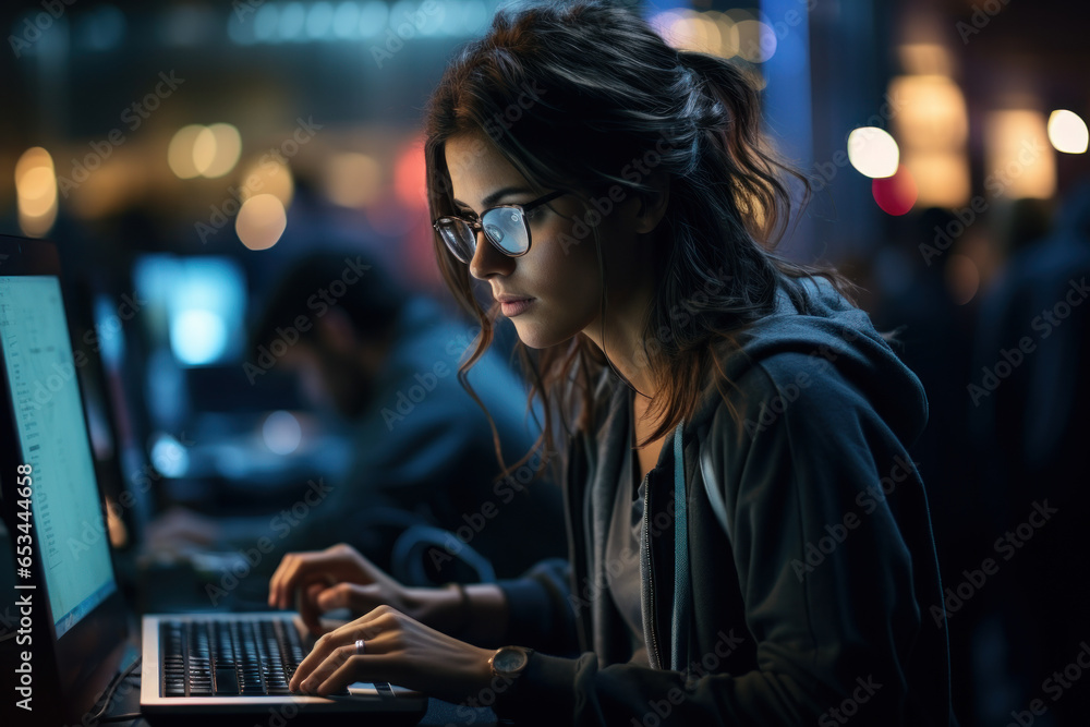 A female software developer coding late into the night, pushing boundaries in technology. Generative Ai. A female software developer coding late into the night, pushing boundaries in technology. Generative Ai.