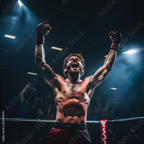 The fighter celebrates the victory in the ring with raised hands © Benjamin