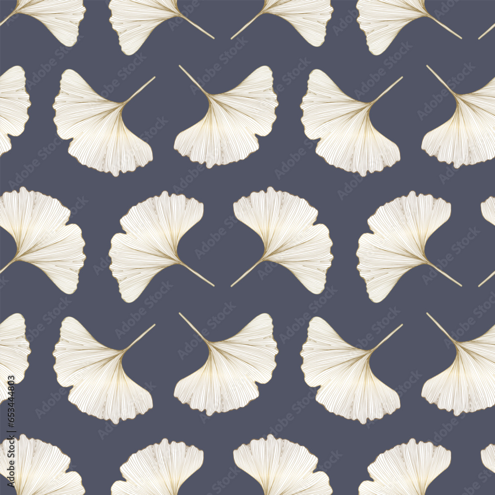 Fototapeta premium Seamless luxury pattern with golden leaves of ginkgo biloba on a gray-blue background. Vector pattern for children's and women's textiles, wallpaper designs, covers, backgrounds.