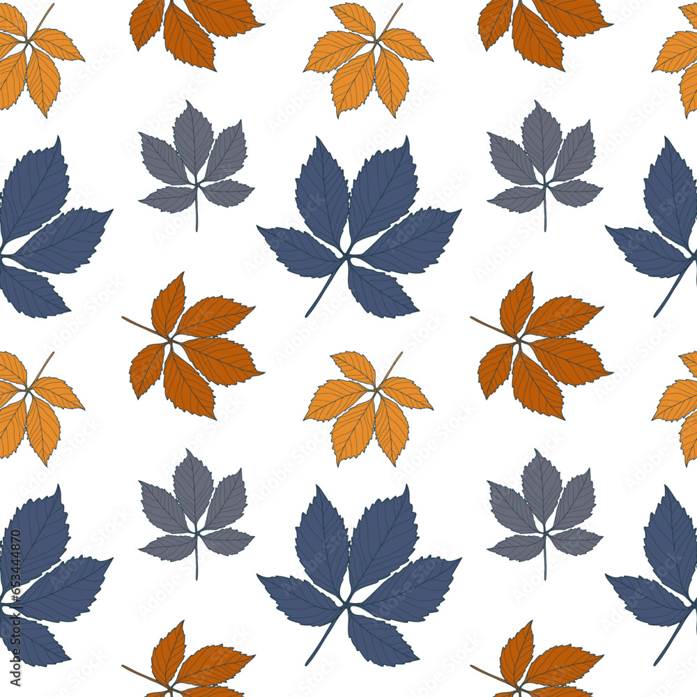 Seamless autumn pattern with blue and orange leaves on a white background. Vector pattern for children's and women's textiles, wallpaper designs, covers, backgrounds.
