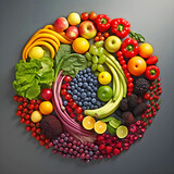 Circle of colorful fruit and vegtables.AI generated.