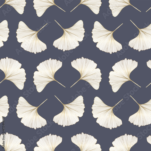 Seamless luxury pattern with golden leaves of ginkgo biloba on a gray-blue background. Vector pattern for children's and women's textiles, wallpaper designs, covers, backgrounds.