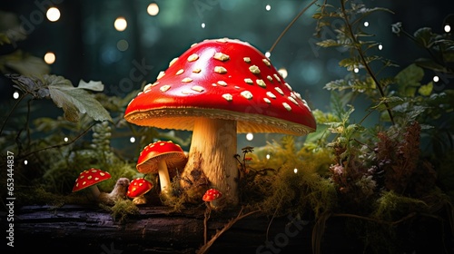  a red mushroom sitting on top of a tree stump in the forest. generative ai