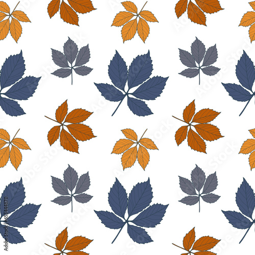 Seamless autumn pattern with blue and orange leaves on a white background. Vector pattern for children's and women's textiles, wallpaper designs, covers, backgrounds.