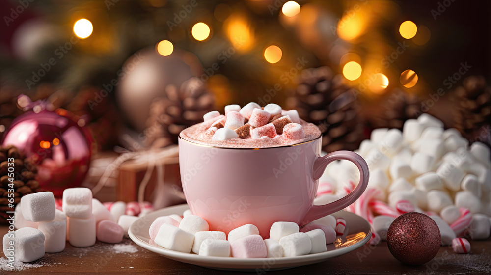 cup of hot chocolate with marshmallows, christmas mood - obrazy, fototapety, plakaty 