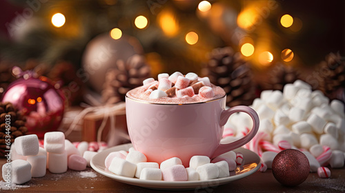 Photographie cup of hot chocolate with marshmallows, christmas mood
