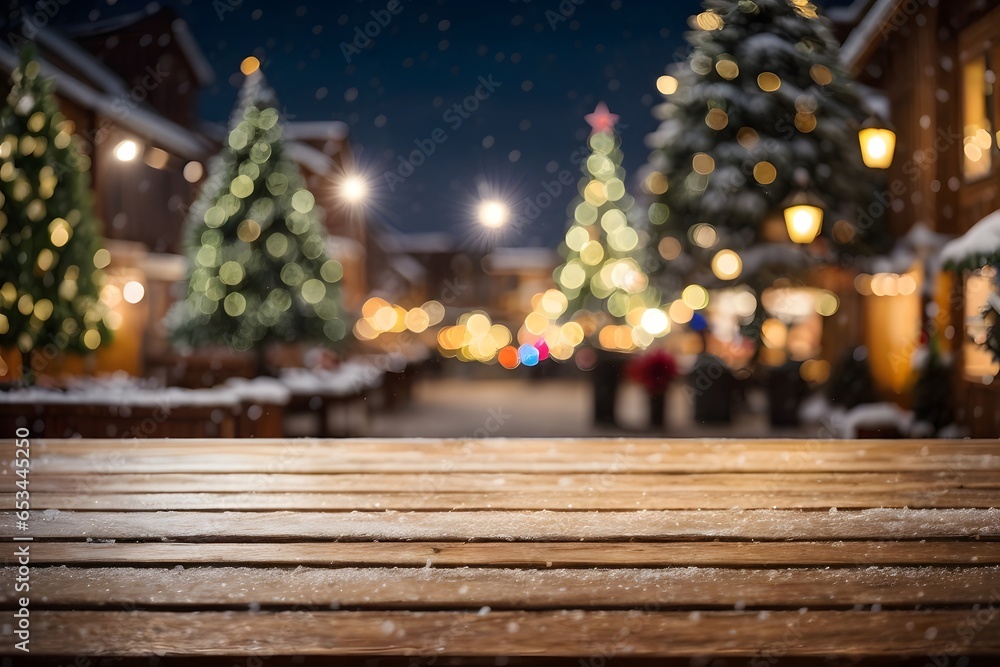 Empty wooden table top with blurred Christmas tree and snowfall with bokeh light background. Generative Ai. Empty wooden table top with blurred Christmas tree and snowfall with bokeh light background. Generative Ai.
