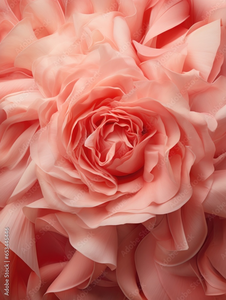 A close up of a large salmon red flower. A close up of a large salmon red flower.