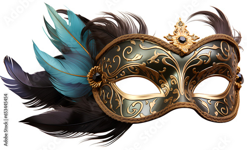 Fotografiet Venetian carnival mask with feathers isolated Transparent background, PNG