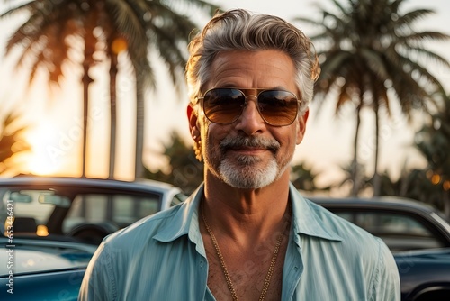 Fashion portrait of beautiful adult mid age man, Attracive man wearing sunglasses in summer. Image created using artificial intelligence. © kapros76